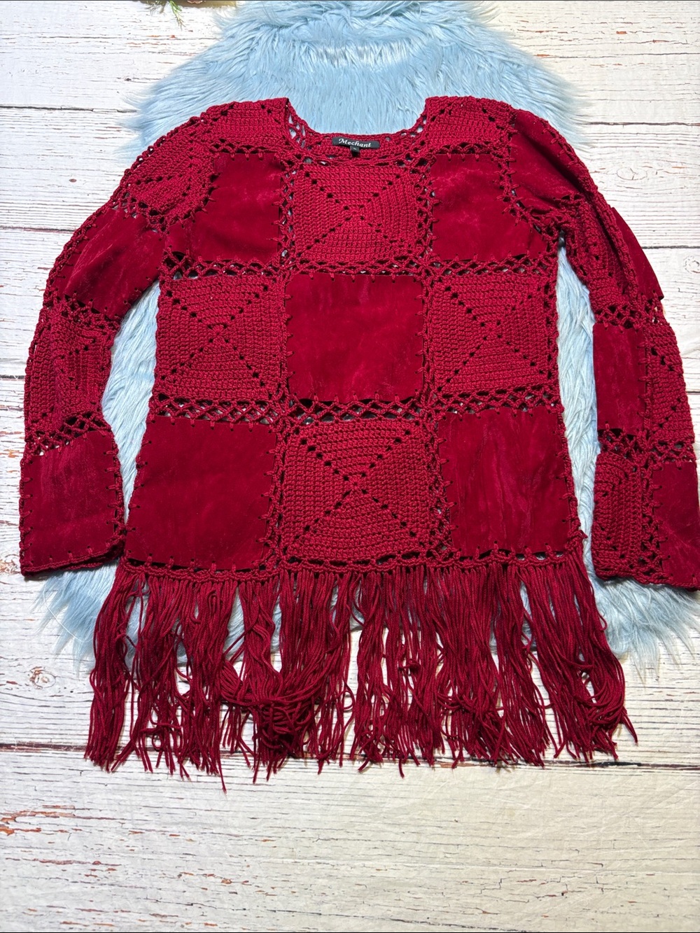 Mechant Red Crochet Openwork Fringe Tunic Top sz M